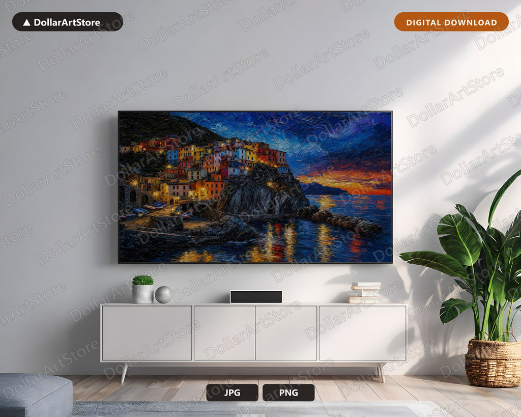 Cozy Cinque Terre Frame TV Art, Samsung Frame TV Digital Download, 4K Textured Coastal Scenery