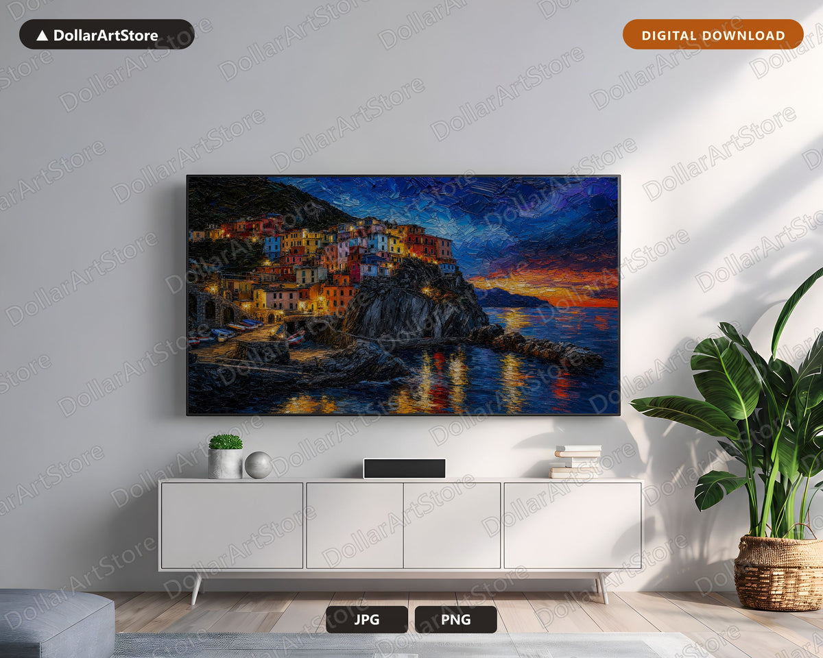 Cozy Cinque Terre Frame TV Art, Samsung Frame TV Digital Download, 4K Textured Coastal Scenery