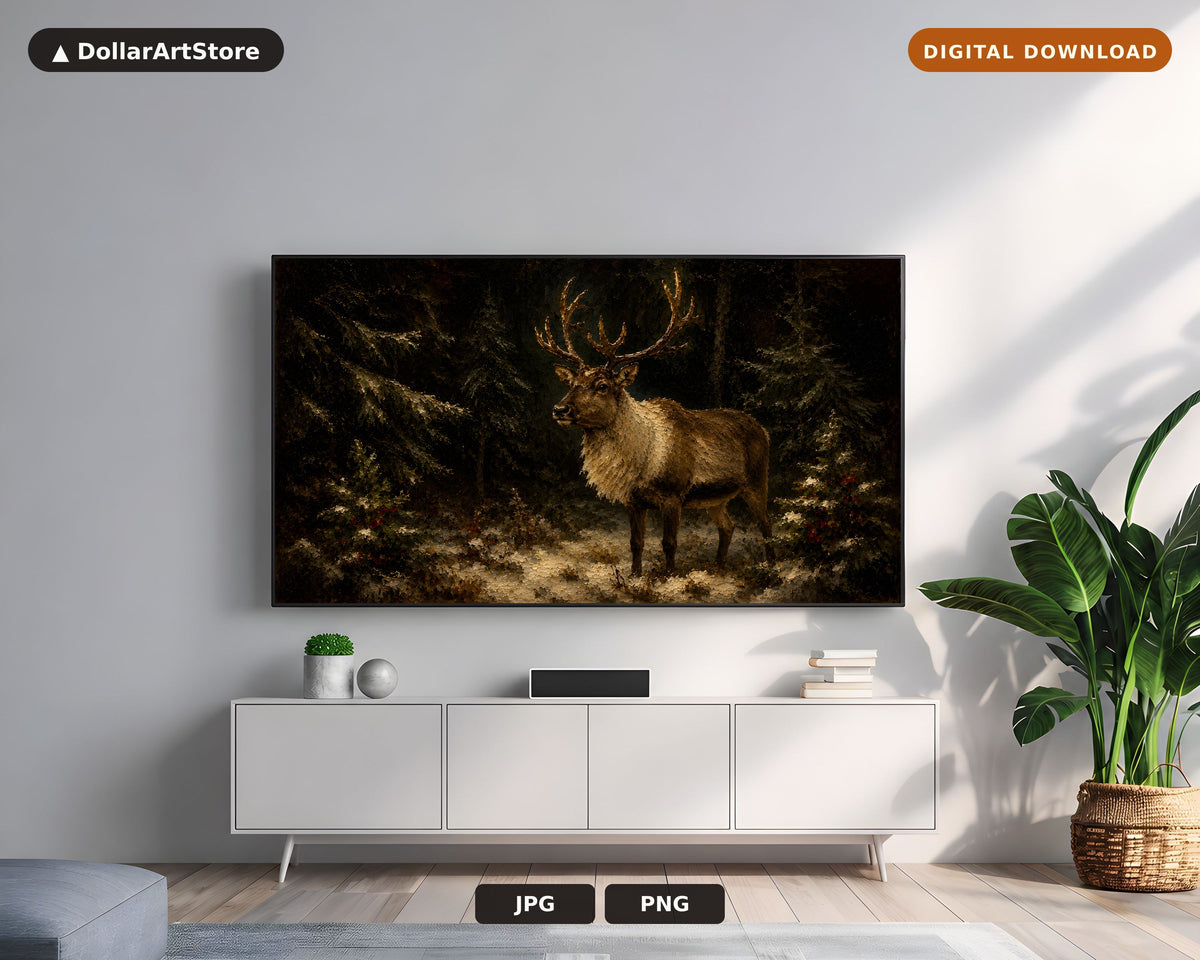Moody Forest Stag Frame TV Art, Dark Woodland Scenery 4K Samsung TV Download