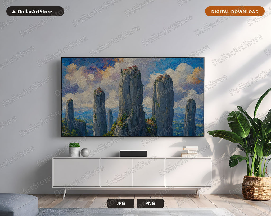 Cozy Textured Landscape Frame TV Art, Meteora Monasteries Greece, Samsung Frame TV Digital Download 4K
