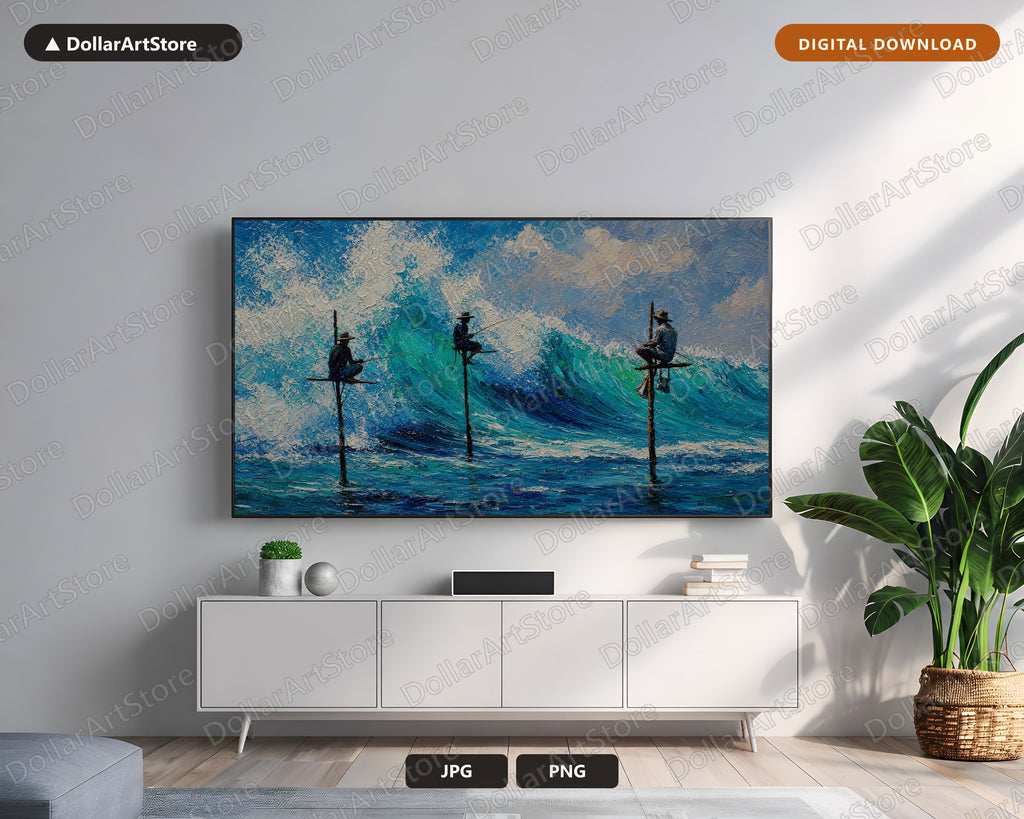 Cozy Coastal Frame TV Art, Fishermen Stilt Landscape Samsung Digital Download 4K