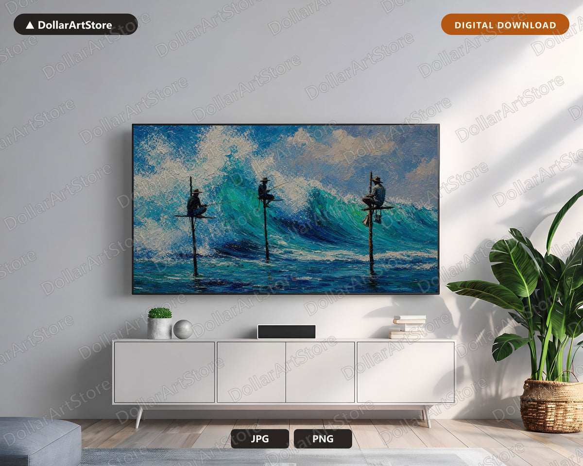 Cozy Coastal Frame TV Art, Fishermen Stilt Landscape Samsung Digital Download 4K