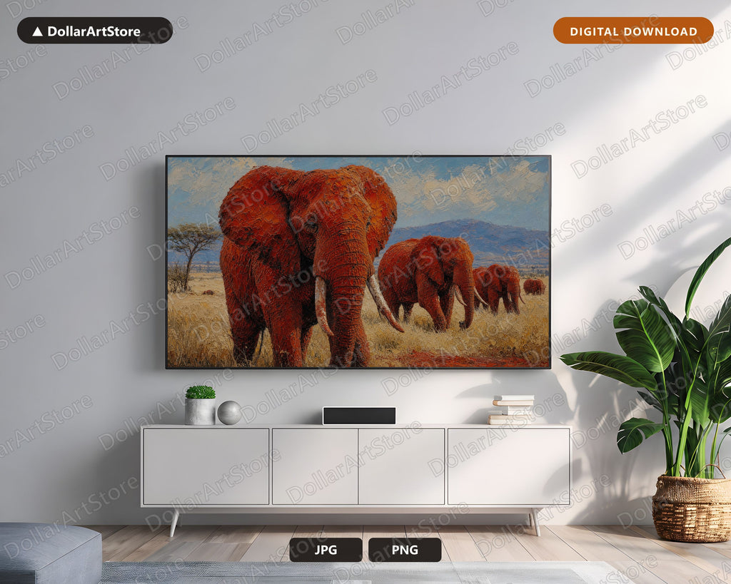 Cozy Textured Elephant Herd Frame TV Art, Samsung Frame TV Digital Download, 4K African Scenery
