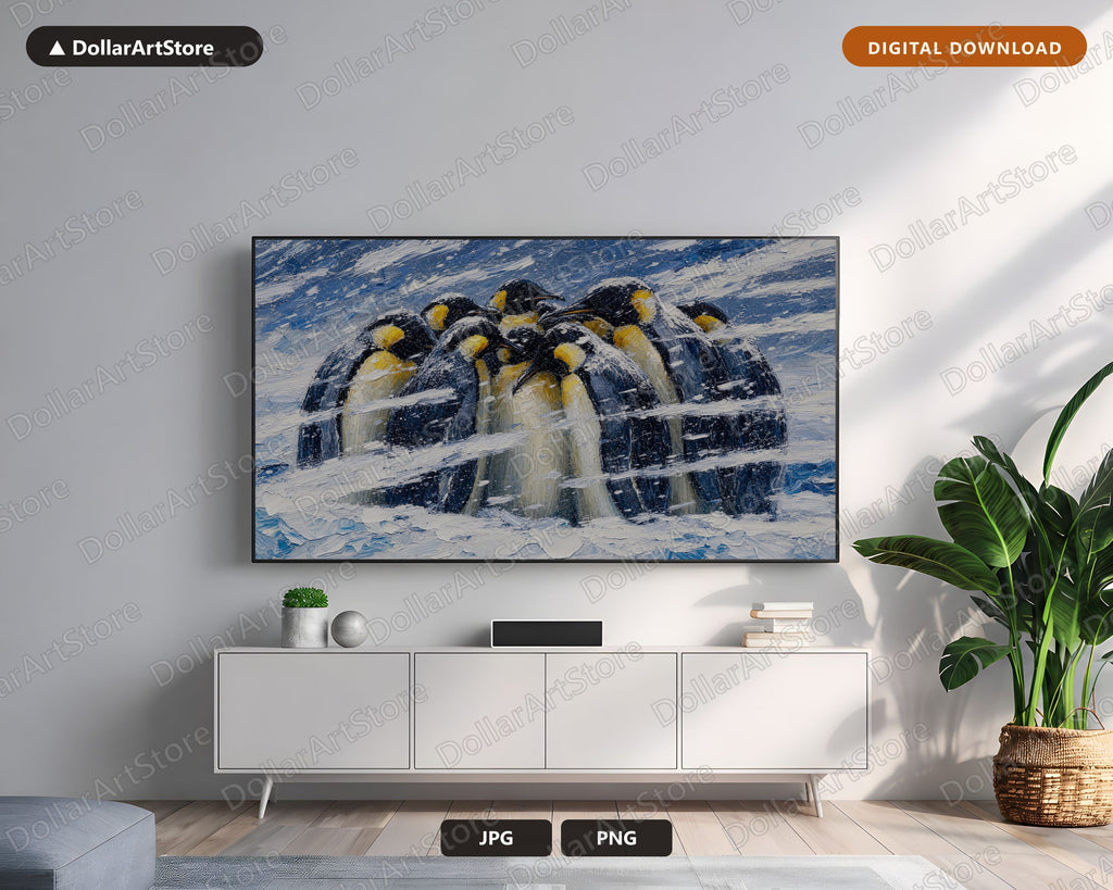 Cozy Arctic Penguins Winter Textured Frame TV Art
