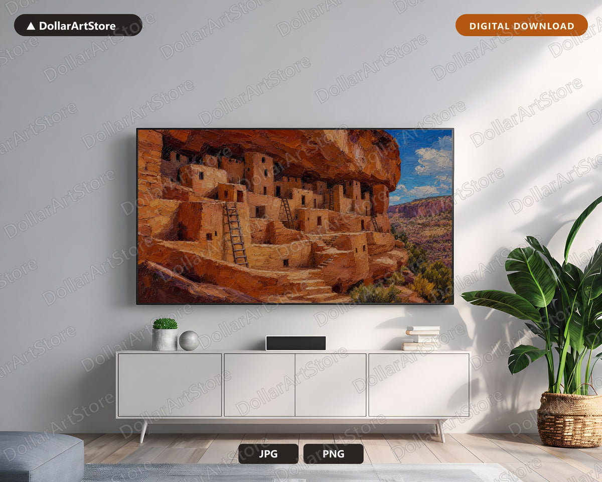 Cozy Rustic Canyon Dwellings Frame TV Art, Southwest Scenery Samsung Digital Download 4K