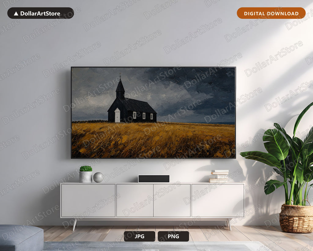 Dark Moody Rustic Church and Landscape Scenery Frame TV Art