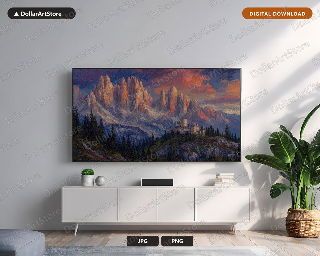 Textured Mountain Castle Frame TV Art, Scenic Landscape Digital Download, 4K TV Screensaver Art