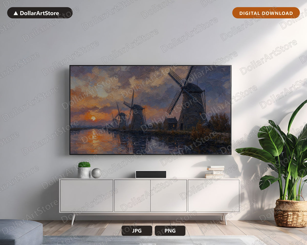 Cozy Windmill Landscape Frame TV Art, Textured Scenery Samsung TV Download, 4K Digital Artwork