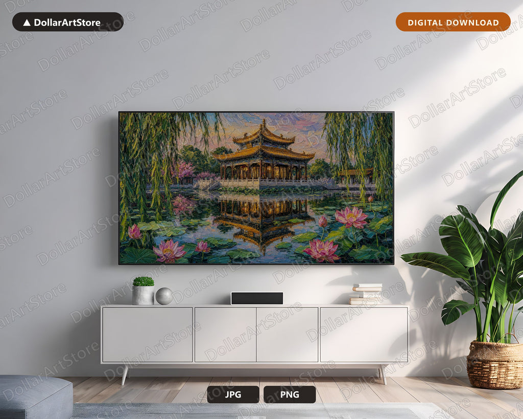 Cozy Asian Pagoda Frame TV Art, Samsung Frame TV Digital Download, 4K Textured Landscape Screensaver