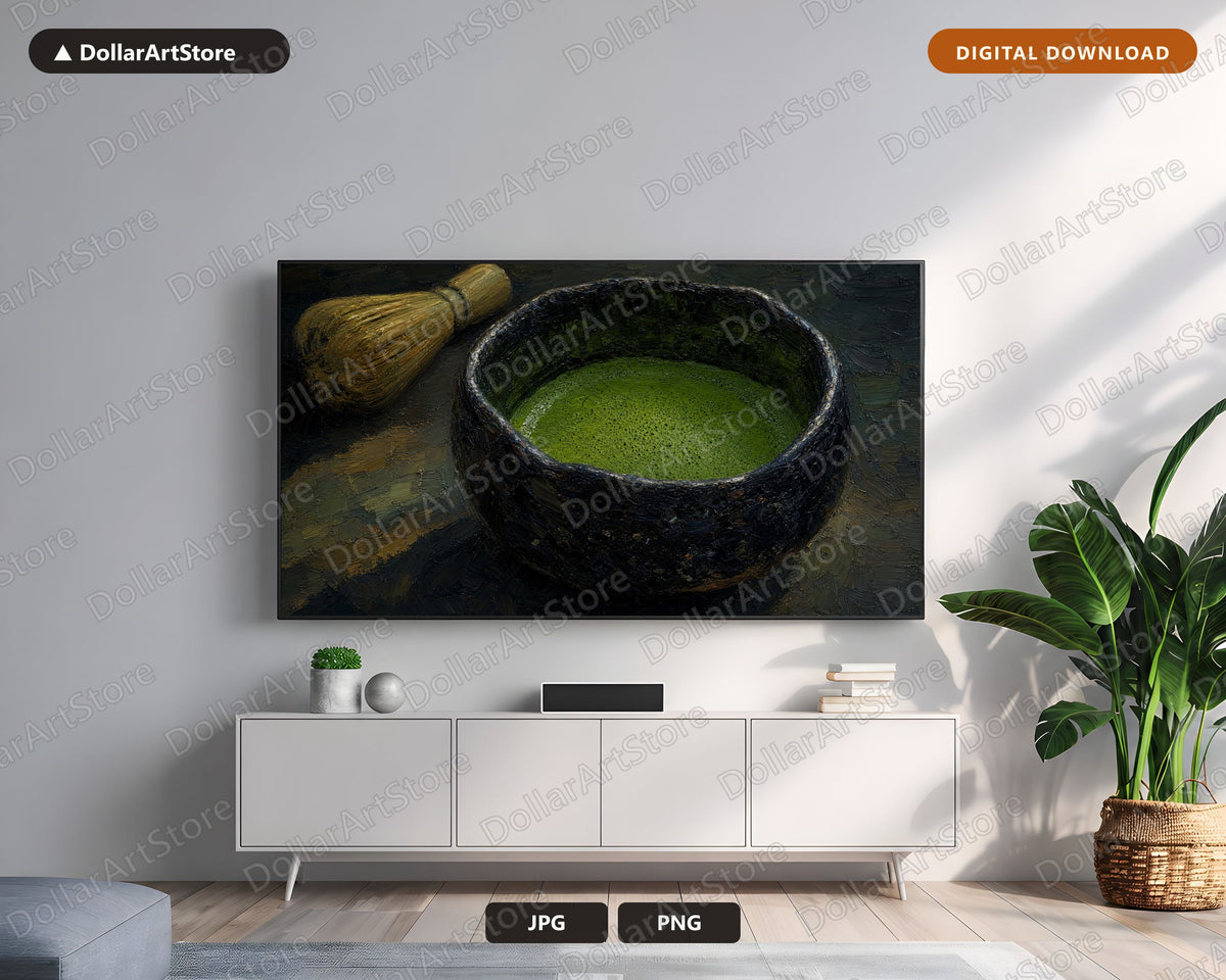 Cozy Matcha Bowl Frame TV Art, Samsung Frame TV Digital Download, 4K Textured Asian Screensaver