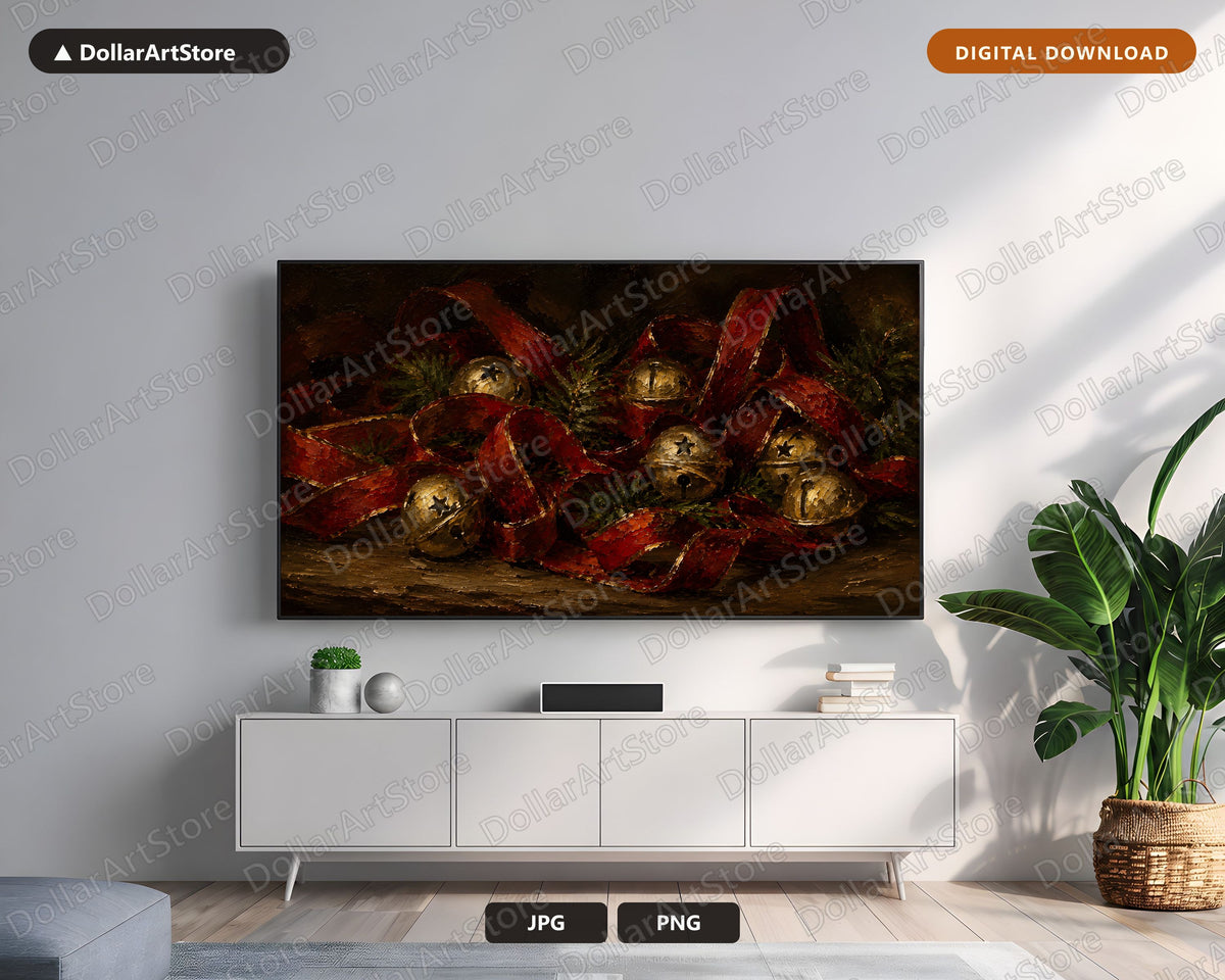Cozy Christmas Frame TV Art, Red Gold Bells Textured Digital Download, Samsung Frame TV 4K