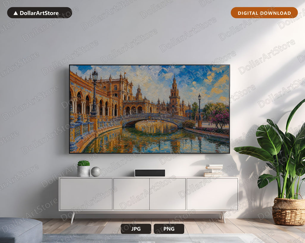 Cozy European Plaza de Espana Palace Frame TV Art of Famous Spanish Landmark