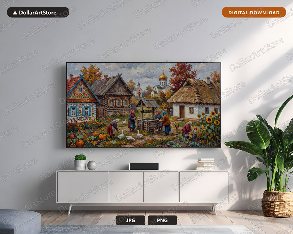 Cozy Rustic Eastern European Village Frame TV Art, Samsung Frame TV Digital Download, 4K Autumn Farmhouse Wallpaper