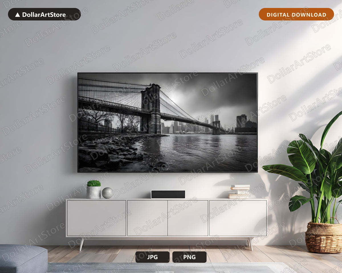 Dark Urban Scenery Frame TV Art, Brooklyn Bridge Samsung TV Download, 4K Black and White Landscape Art