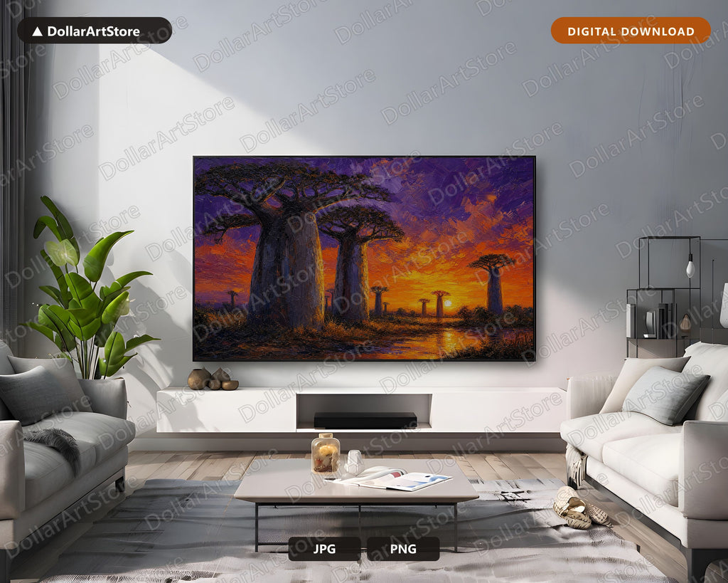 Cozy African Savanna Frame TV Art, Baobab Sunset Samsung Frame Digital Download 4K