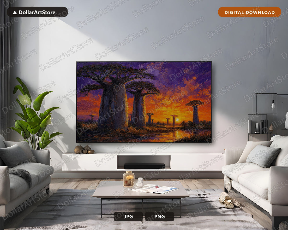 Cozy African Savanna Frame TV Art, Baobab Sunset Samsung Frame Digital Download 4K