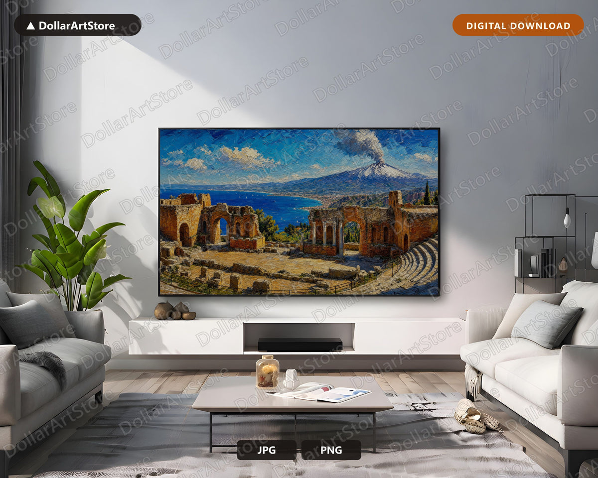Cozy Mediterranean Frame TV Art, Ancient Theatre Taormina Sicily, Samsung Frame TV Digital Download 4K