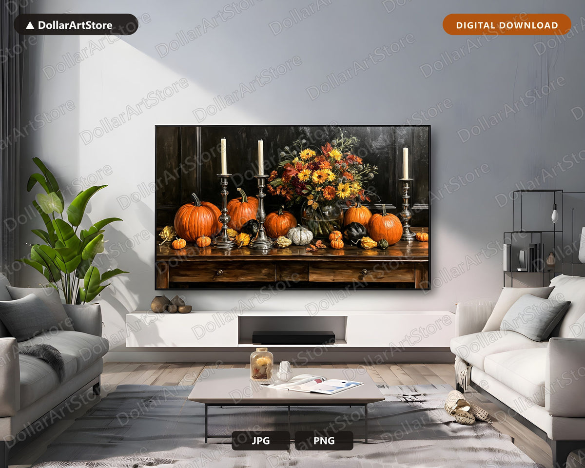 Vintage Autumn Still Life Frame TV Art, Samsung Frame TV Digital Download, 4K Pumpkin Floral