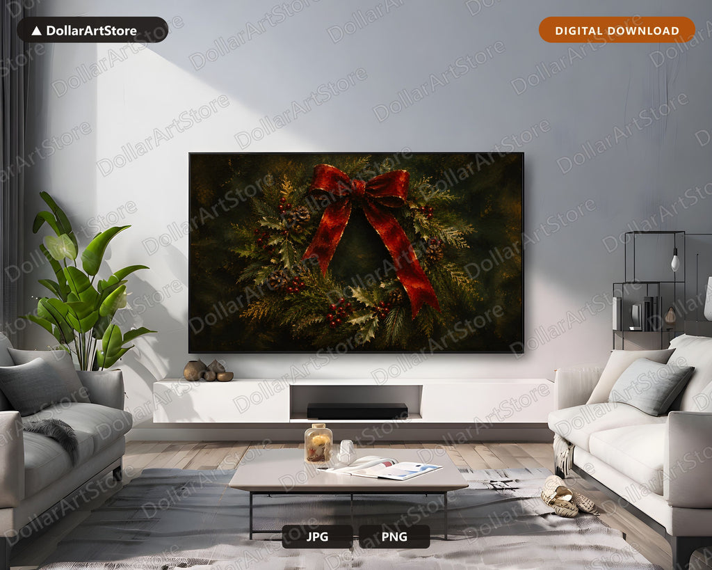 Cozy Holiday Wreath Frame TV Art, Red Bow Christmas Wreath Samsung Frame TV Digital Download 4K