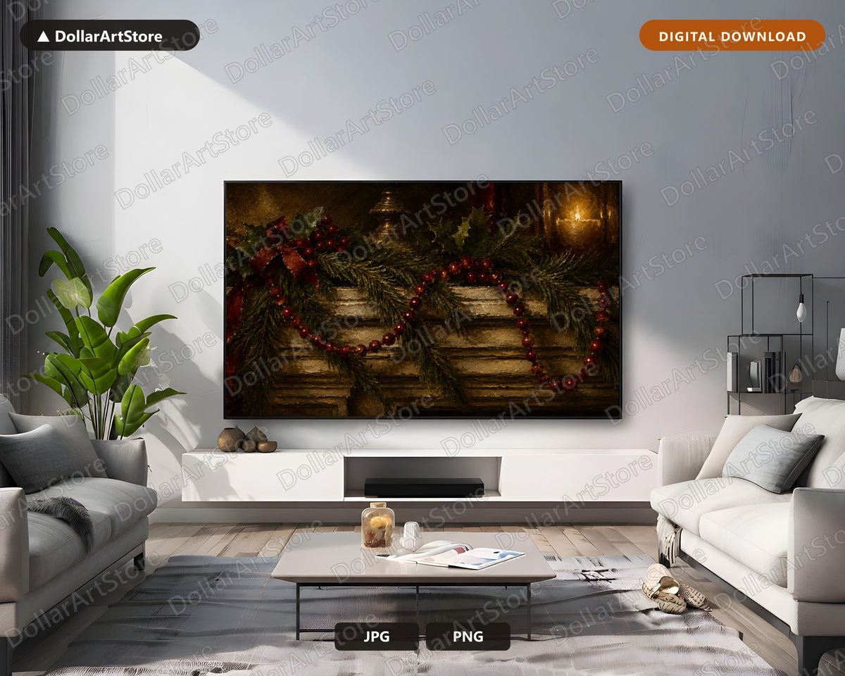 Cozy Holiday Frame TV Art, Rustic Christmas Garland Samsung Frame TV Digital Download 4K