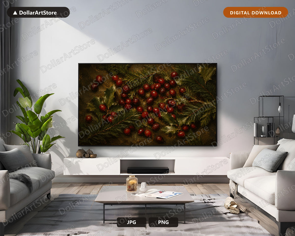 Holiday Frame TV Art, Red Berries Green Garland Samsung Frame TV Digital Download, Cozy Rustic Scenery