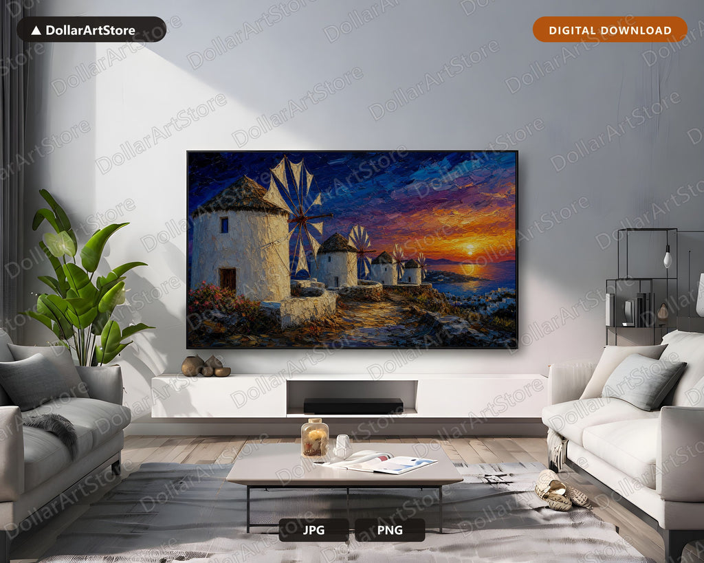 Cozy Mykonos Windmills Frame TV Art, Samsung Frame Digital Download, 4K Sunset Scenery
