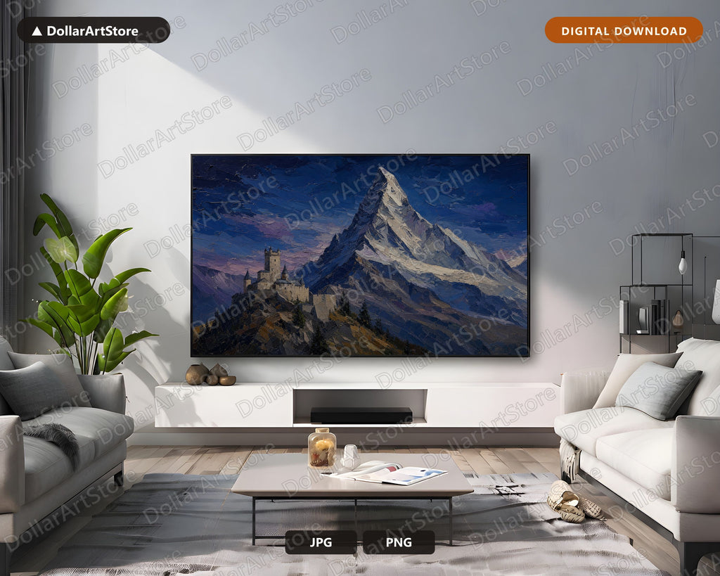 Alpine Castle Mountain Frame TV Art, Cozy Textured Landscape Samsung TV Download, 4K Scenery Screensaver