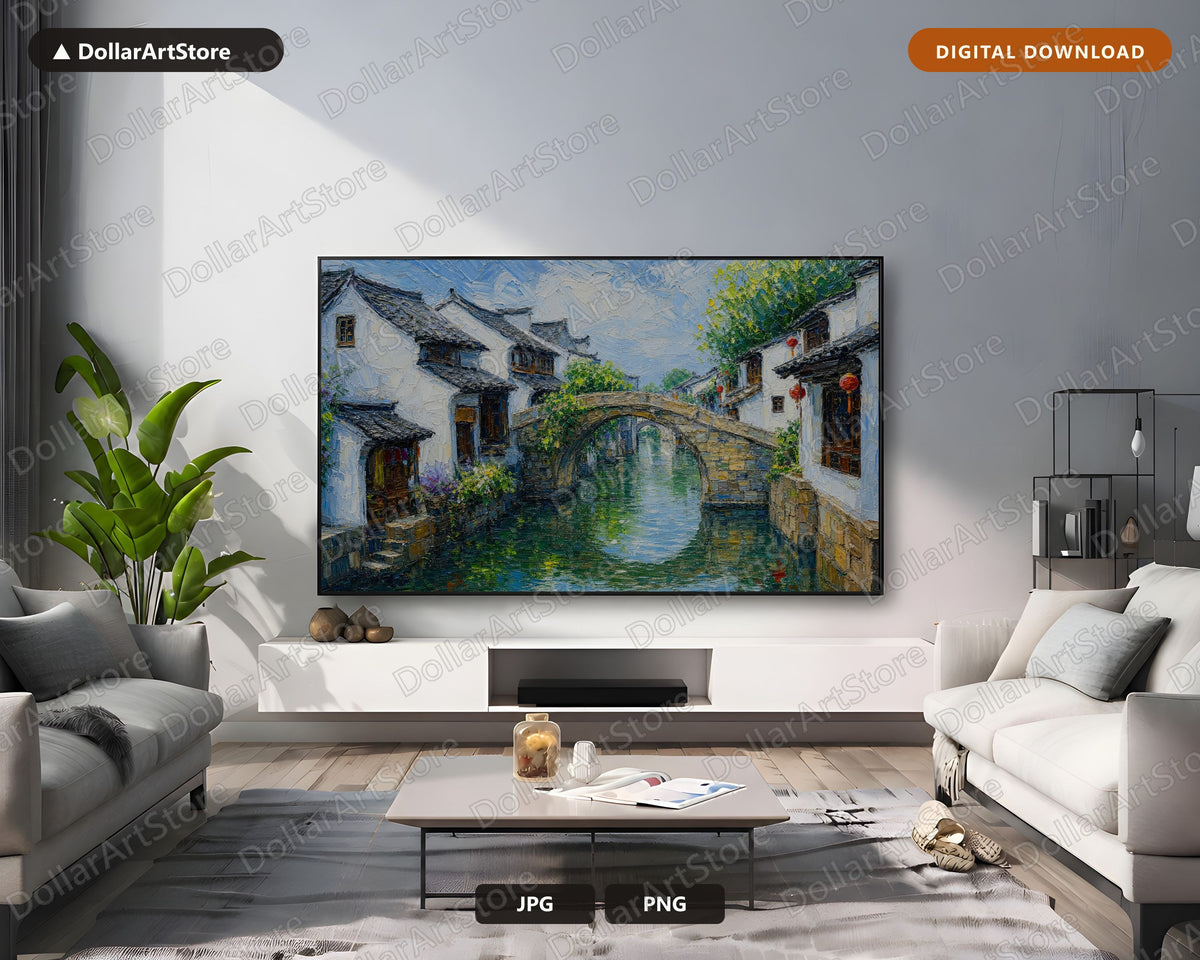 Cozy East Asia Frame TV Art, Samsung Frame TV Digital Download, 4K Textured Canal Scenery