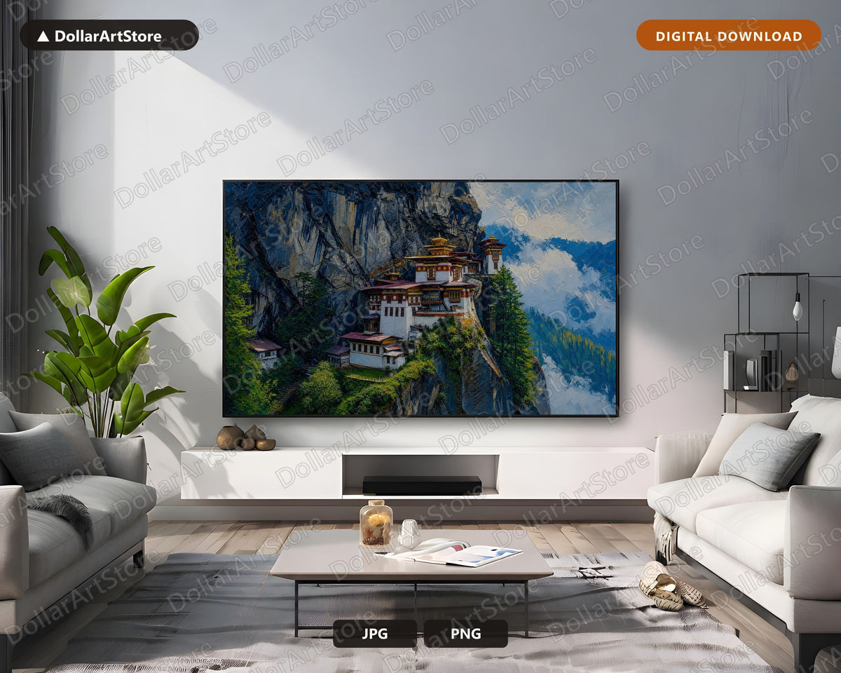 Cozy Mountain Monastery Frame TV Art, Samsung Frame TV Digital Download, 4K Landscape Screensaver