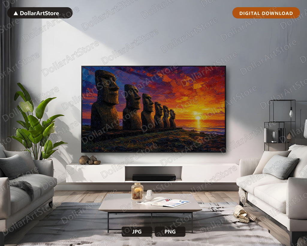 Easter Island Moai Sunset Frame TV Art, Samsung 4K Digital Download, Scenic Landscape Screensaver