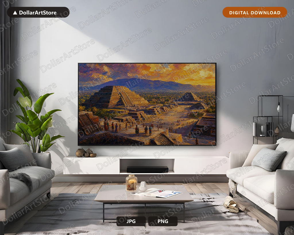 Cozy Teotihuacan Pyramid Frame TV Art, Textured Earthy Landscape Samsung Frame TV Digital Download, 4K TV Screensaver Art