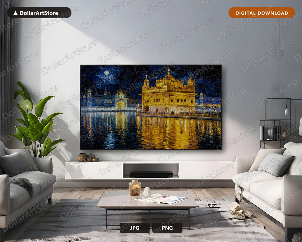 Golden Temple Night Frame TV Art, Cozy Scenery Samsung Digital Download, 4K Textured Waterfront TV Art