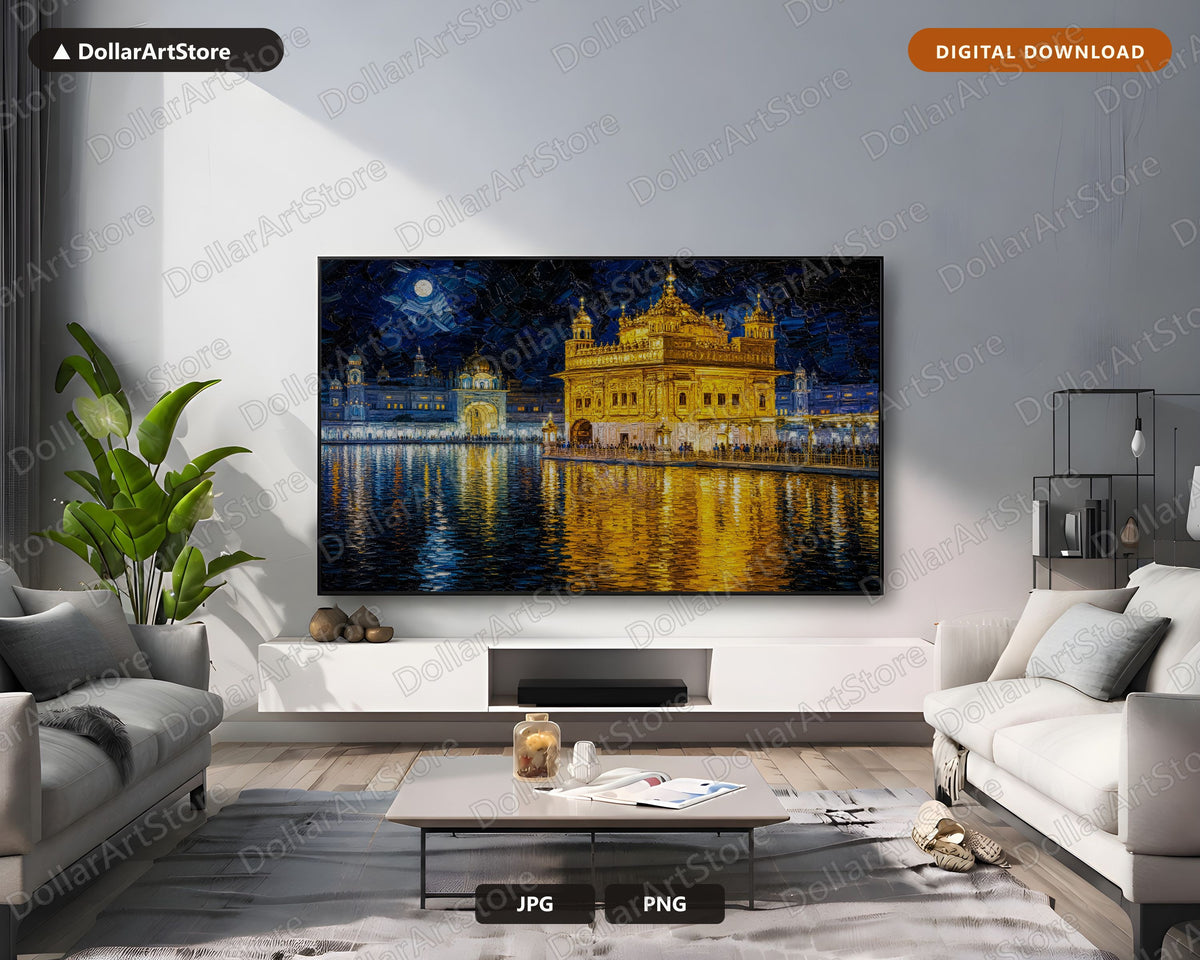 Golden Temple Night Frame TV Art, Cozy Scenery Samsung Digital Download, 4K Textured Waterfront TV Art