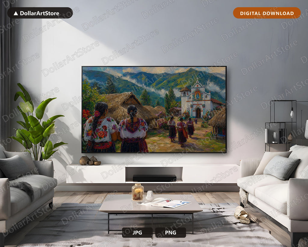 Cozy Mountain Village Frame TV Art, Samsung Frame TV Digital Download, 4K Textured Scenery