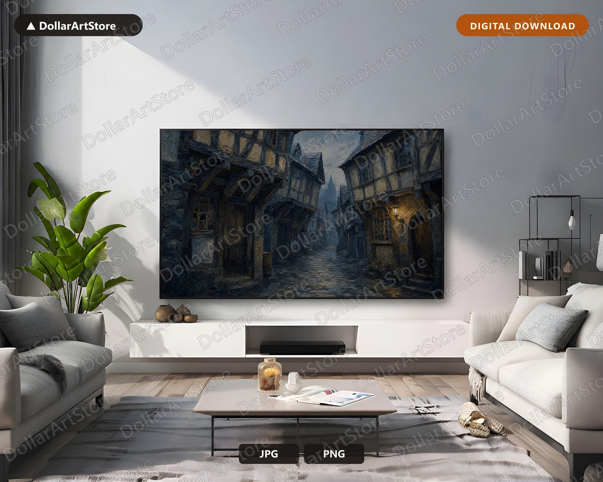 Moody Medieval European Street Frame TV Art, 4K Samsung Frame Digital Download, Textured Cobblestone Scenery