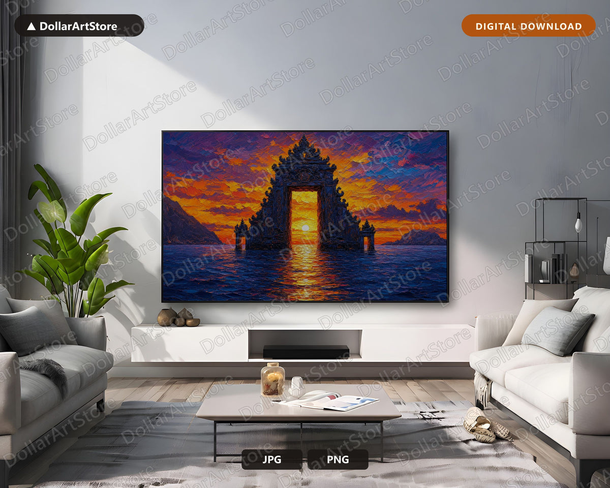 Cozy Sunset Frame TV Art, East Asian Temple Landscape, Samsung Frame TV Digital Download 4K