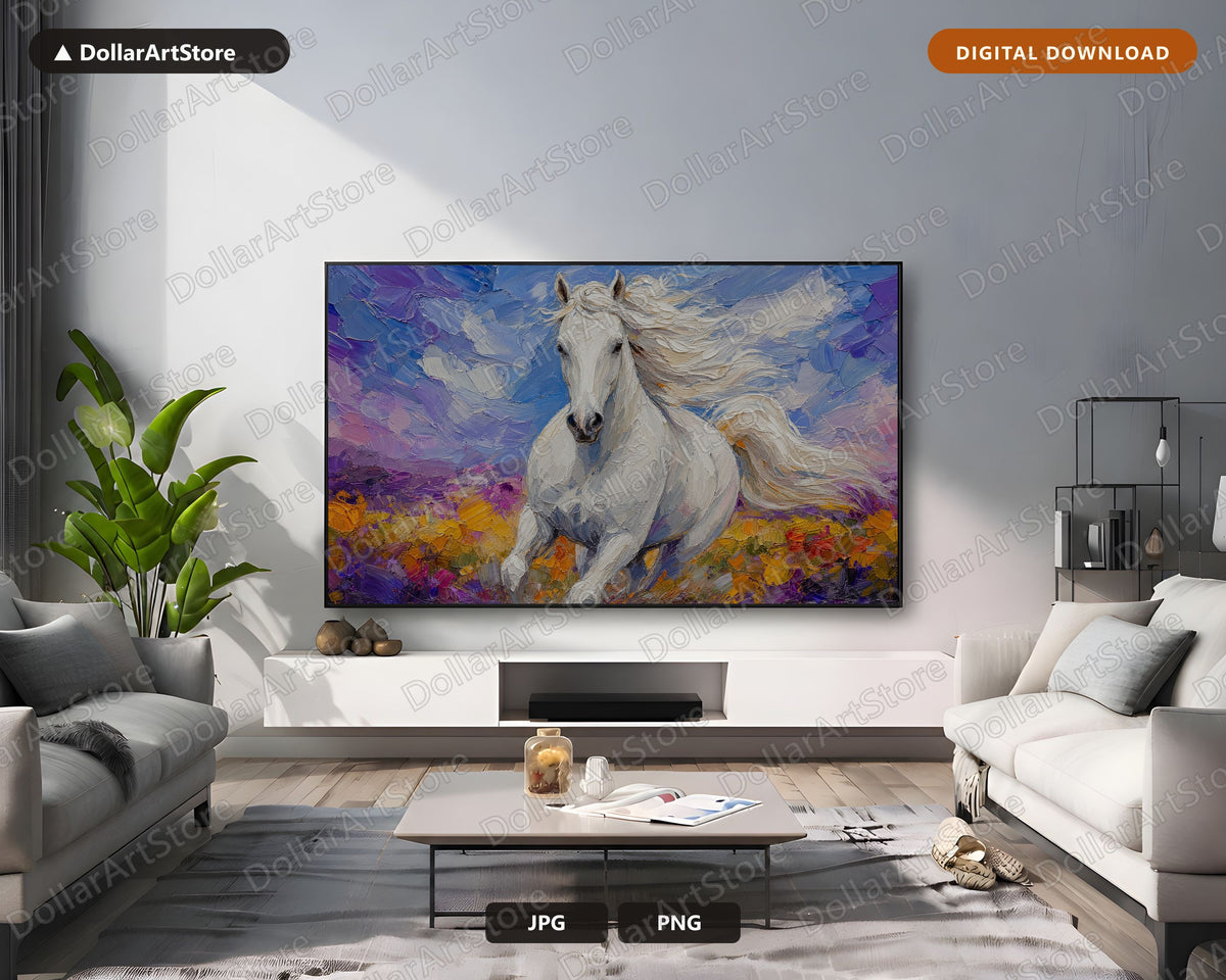 White Horse Frame TV Art, Samsung Frame TV Digital Download, Textured Landscape 4K Screensaver