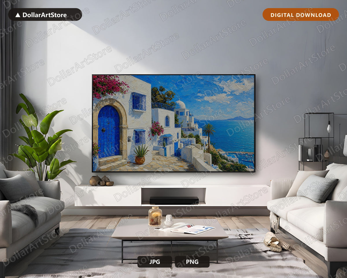 Cozy Mediterranean Coastal Frame TV Art, Samsung Frame TV Digital Download, 4K Textured Scenery