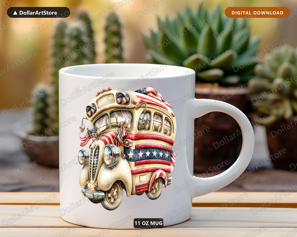Vintage RV Camper American Flag Mug, Patriotic Coffee Mug Gift