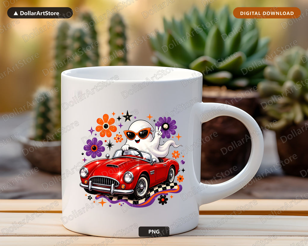 Cute Halloween Ghost PNG, Retro Car Design, Sublimation Digital Download