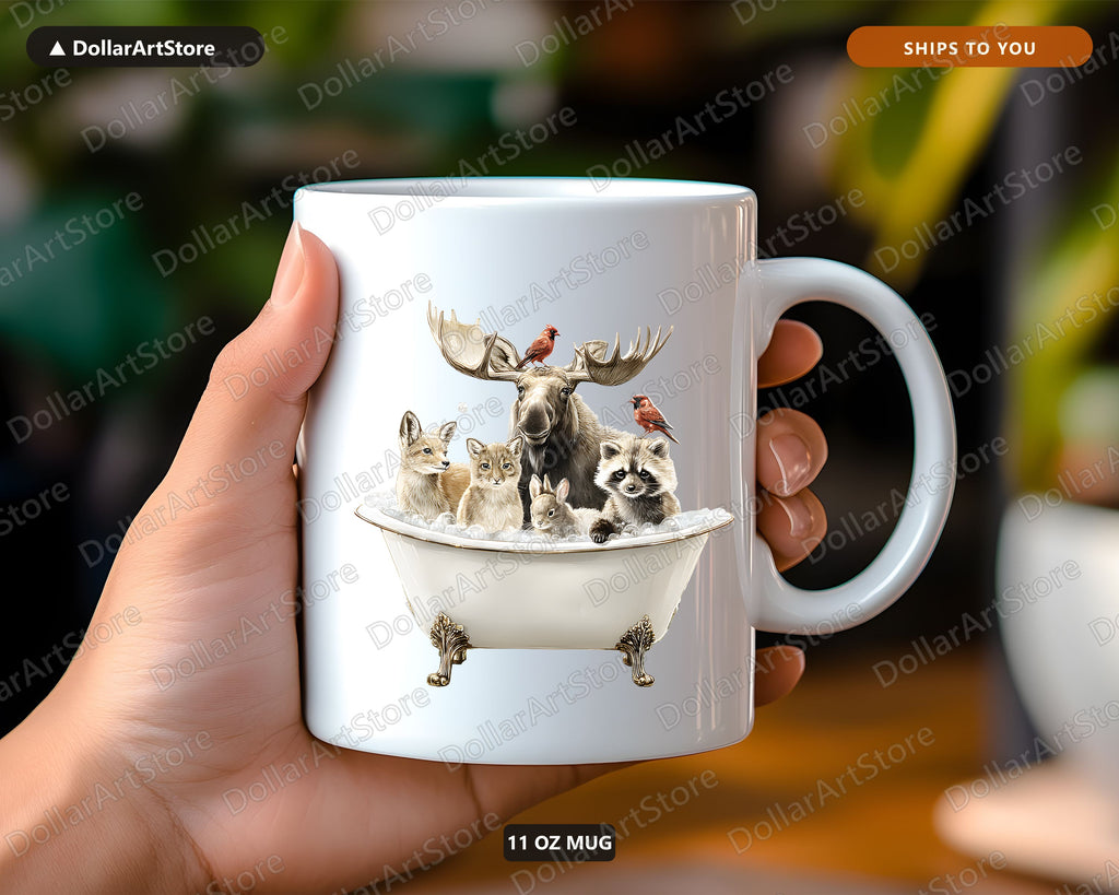 Wildlife Bathtub Mug, Forest Animals Coffee Mug, Moose Woodland Gift
