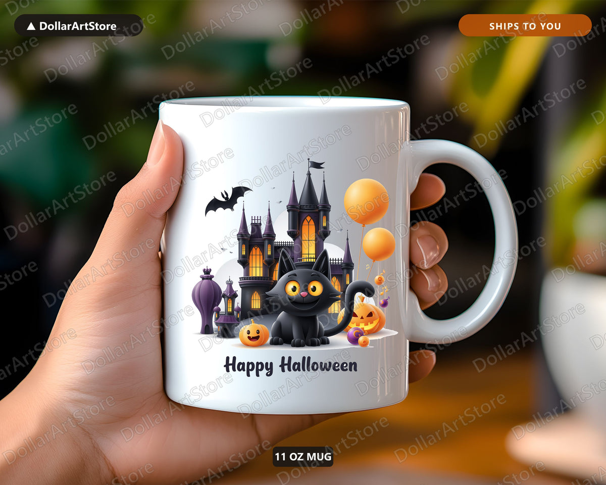 Happy Halloween Black Cat Mug, Haunted Castle Coffee Mug, Fall Ceramic Mug Gift
