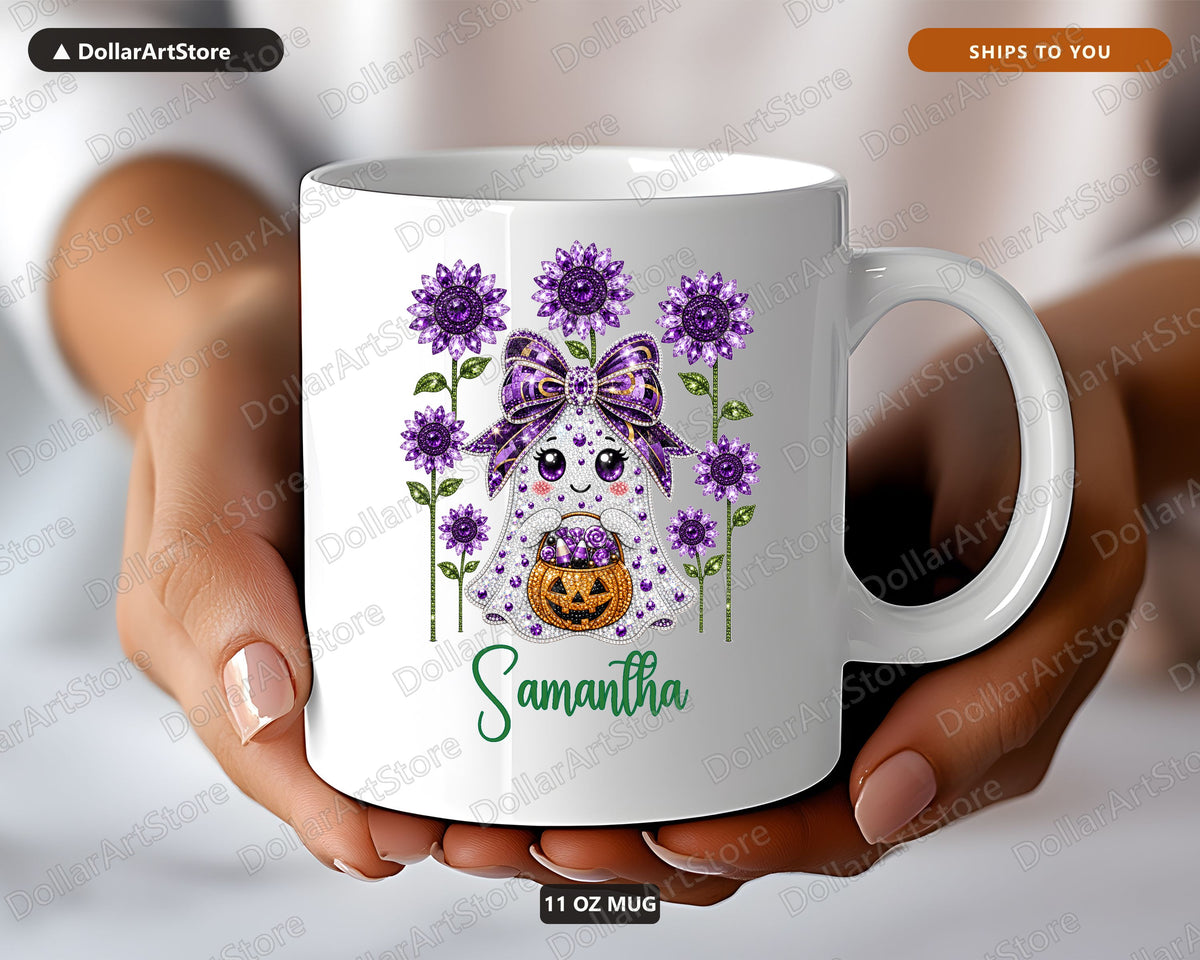 Amethyst Ghost Halloween Mug, Personalized Fall Coffee Mug, Spooky Gift