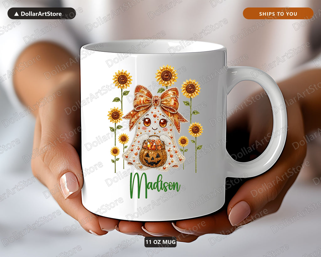 Personalized Halloween Mug, Sunflower Ghost Coffee Mug, Custom Name Mug