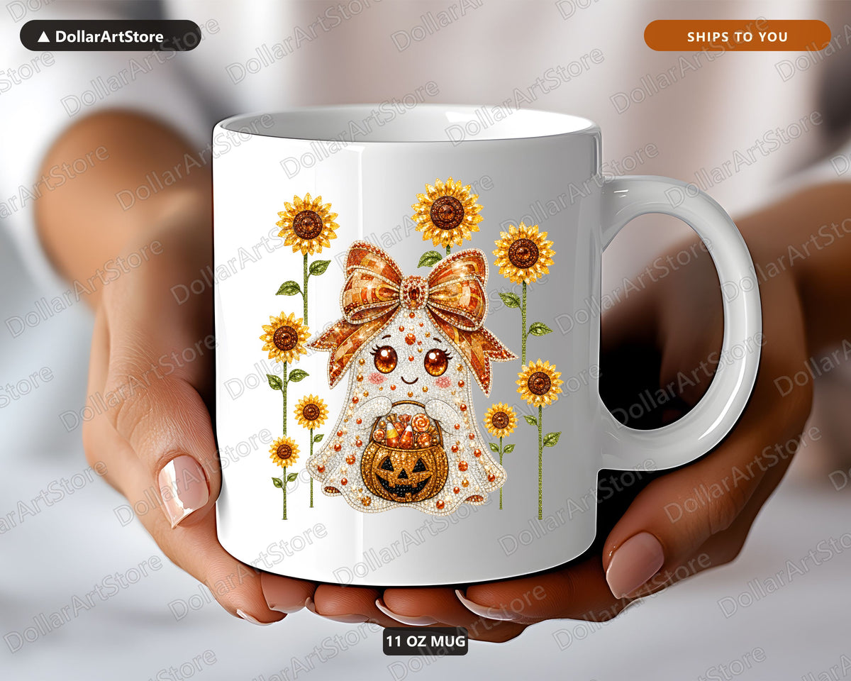 Harvest Ghost Coffee Mug, Sunflower & Pumpkin Fall Ceramic Mug, Halloween Gift