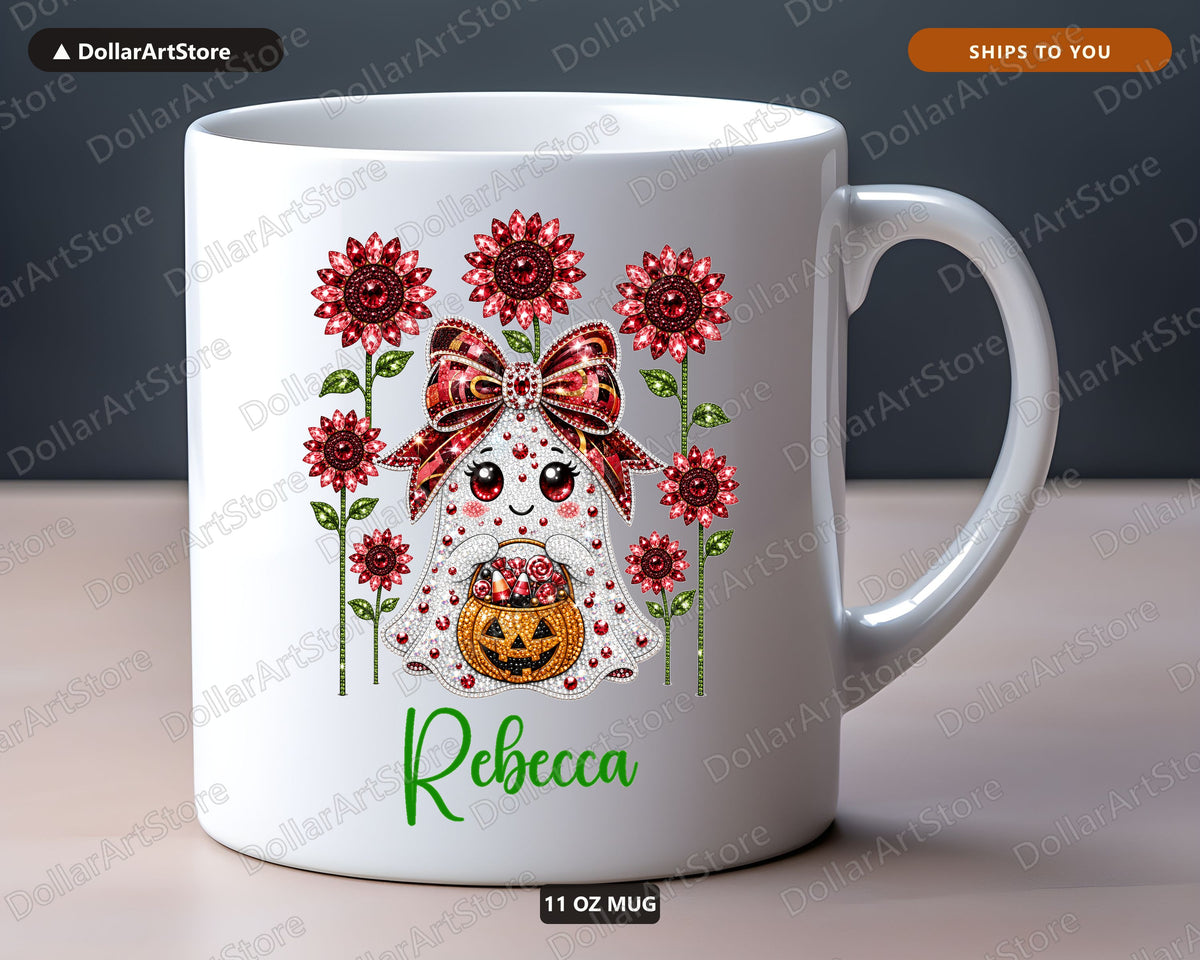 Ruby Ghost Mug with Sunflowers, Personalized Halloween Ceramic Mug, Fall Gift