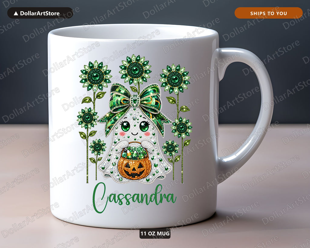 Cassandra Glitter Ghost Halloween Mug, Sunflower Coffee Mug, Fall Gift