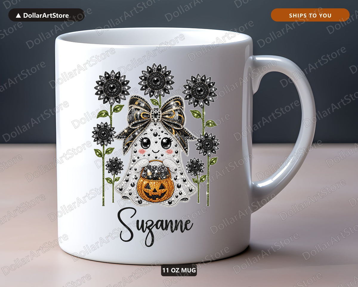 Bling Ghost Sunflower Mug, Halloween Coffee Mug, Personalized Gift for Her