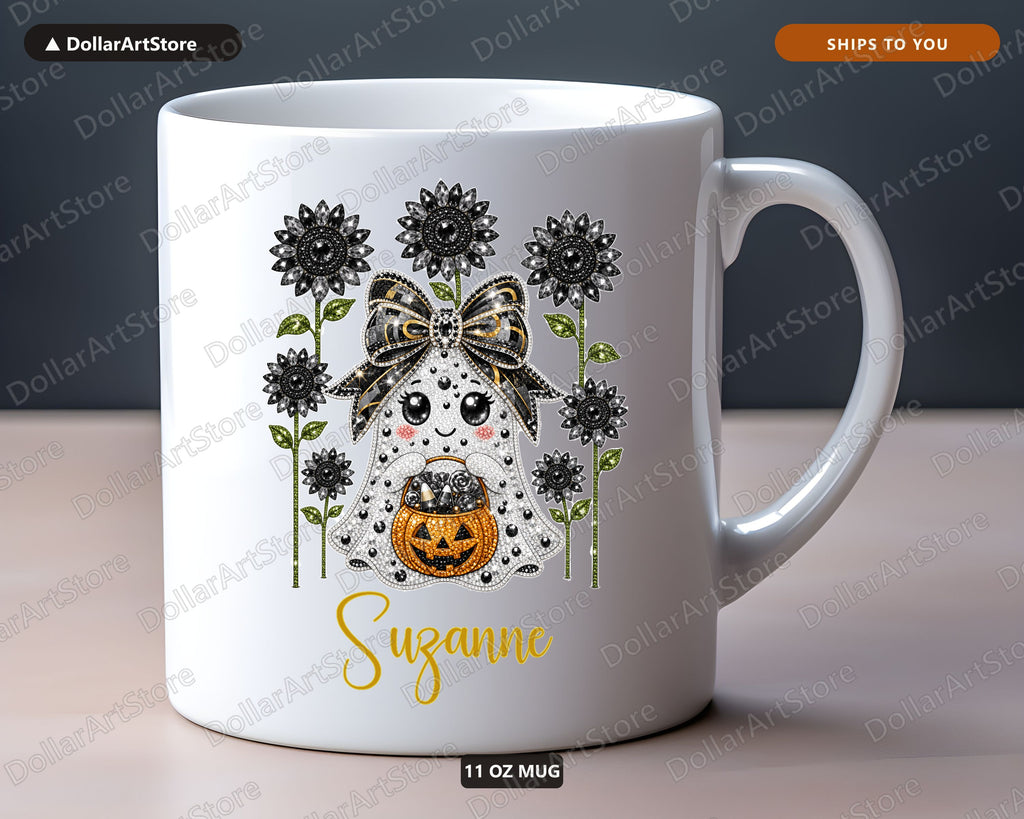 Rhinestone Ghost Sunflower Mug, Halloween Coffee Mug, Personalized Fall Gift
