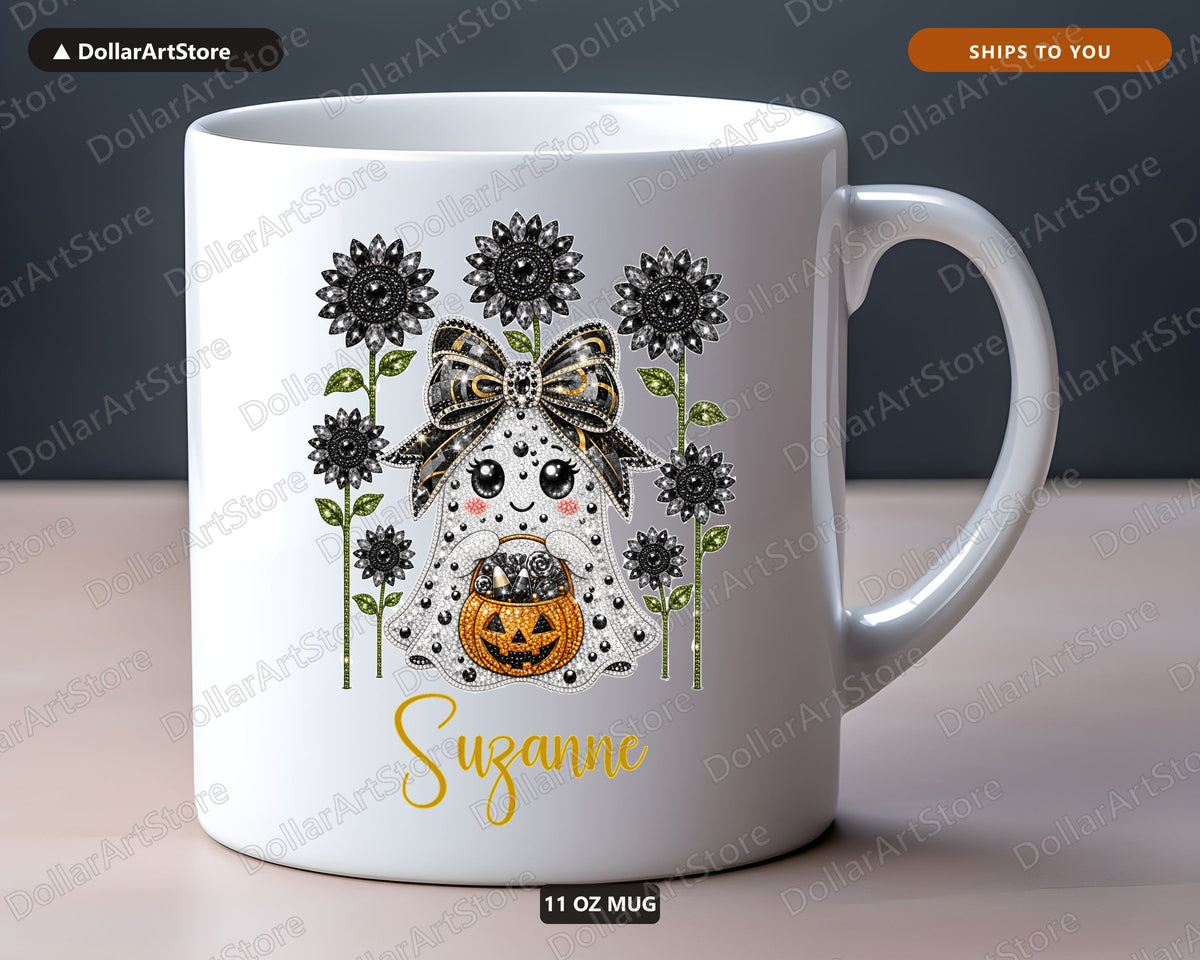 Rhinestone Ghost Sunflower Mug, Halloween Coffee Mug, Personalized Fall Gift